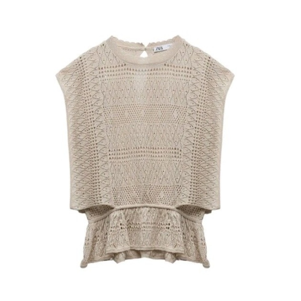 Zara Pointelle Knit Blouse Beige Ruffled Peplum Y2K Preppy Crochet Small